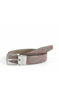 Leder Gürtel mit einem Paisley-Muster in Rot, Grün und Gold. Verfügt über eine glänzende silberne Metallschnalle. Glatte Textur mit flexiblem Design.