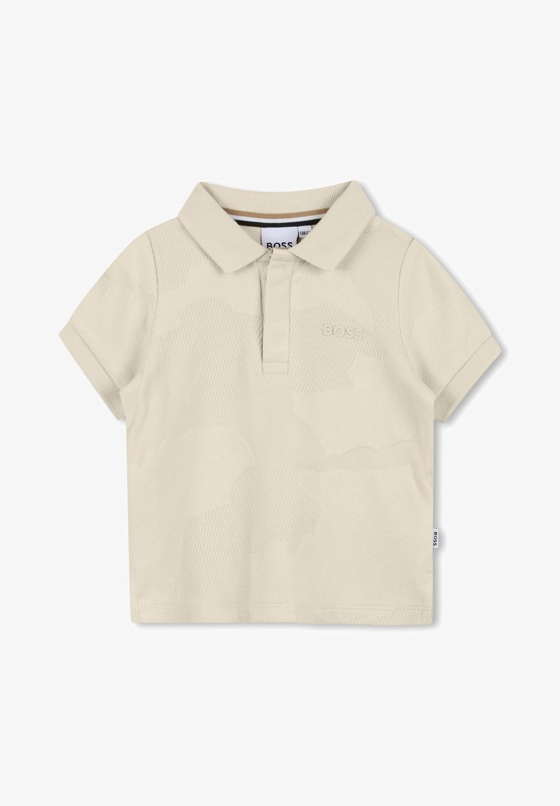 Polo beige en coton texturé avec un motif subtil, doté d'un col classique et de manches courtes. Logo "BOSS" embossé à l'avant.