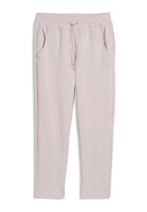 Pantalon de survêtement décontracté beige clair avec taille élastique, cordon, poches latérales et logo discret sur la cuisse droite.