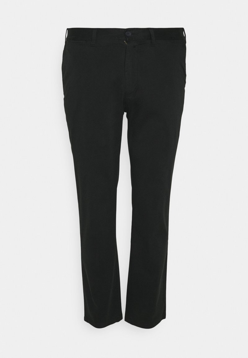 Černé bavlněné kalhoty se rovnými nohavicemi, vybavené zipem, zapínáním na knoflík a bočními kapsami. Hladký povrch, minimalistický styl.