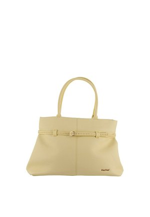 Borsa a mano in pelle beige texturizzata con due manici e un sottile dettaglio cintura nella parte superiore, piccolo logo metallico nell'angolo inferiore destro.