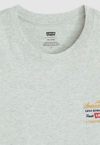Grijze t-shirt met korte mouwen, voorzien van een ronde hals, een ontspannen pasvorm en meerkleurige geborduurde branding bij de hals. Zachte katoenen textuur.