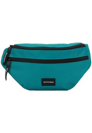 Borsa in nylon turchese con due scomparti neri con zip, caratterizzata da una piccola etichetta con il logo "WITTCHEN" nero sul davanti.