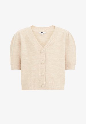 Beige kort mouw gebreid vest met V-hals en stofbedekte knopen aan de voorkant.