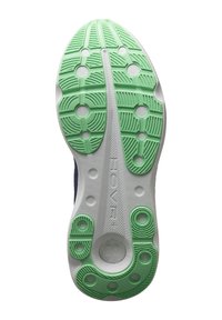 Semelle de chaussure avec une semelle extérieure en caoutchouc présentant des sections d'accent vert, des motifs circulaires et texturés, et un détail en lettres indiquant "HOVR".