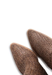 Botas de tobillo trenzadas de color marrón con diseño de punta afilada. Fabricadas con material texturizado, exhibiendo patrones intrincados y una suela resistente.