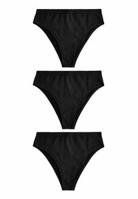 Drie paar zwarte bikini slips gemaakt van zachte stof. Voorzien van een naadloos ontwerp, elastische tailleband met subtiele branding en een klassieke snit.