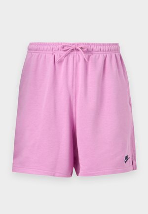 Light pink athletic shorts with elastic waistband and drawstring, featuring small black Nike logo on left leg.