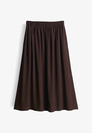 Jupe marron foncé arrivant au genou avec une taille élastique et un tissu texturé subtil, posée à plat sur un fond blanc.