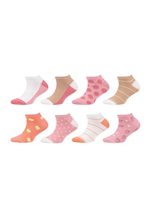 Eight pairs of ankle socks in white, pink, and brown shades with patterns including polka dots, stripes, strawberries, and lemons.
