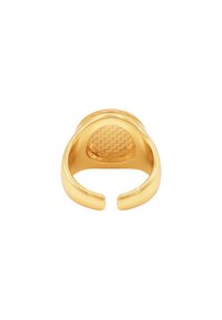 Bague dorée avec une surface lisse et polie et un design ouvert. L'intérieur arbore un motif texturé.