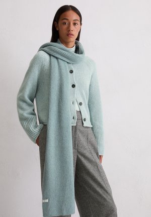Cardigan lavorato a maglia blu chiaro con maniche a coste, chiusura a bottoni e sciarpa abbinata. Pantaloni grigi con pieghe e una texture liscia.