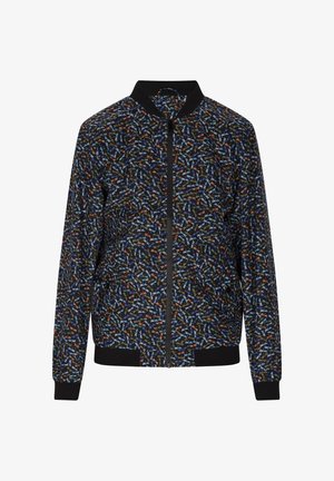 Bomberjacke aus leichtem Stoff, mit schwarzem Hintergrund und einem mehrfarbigen Blattmuster, elastischen Bündchen und Zipper vorne.