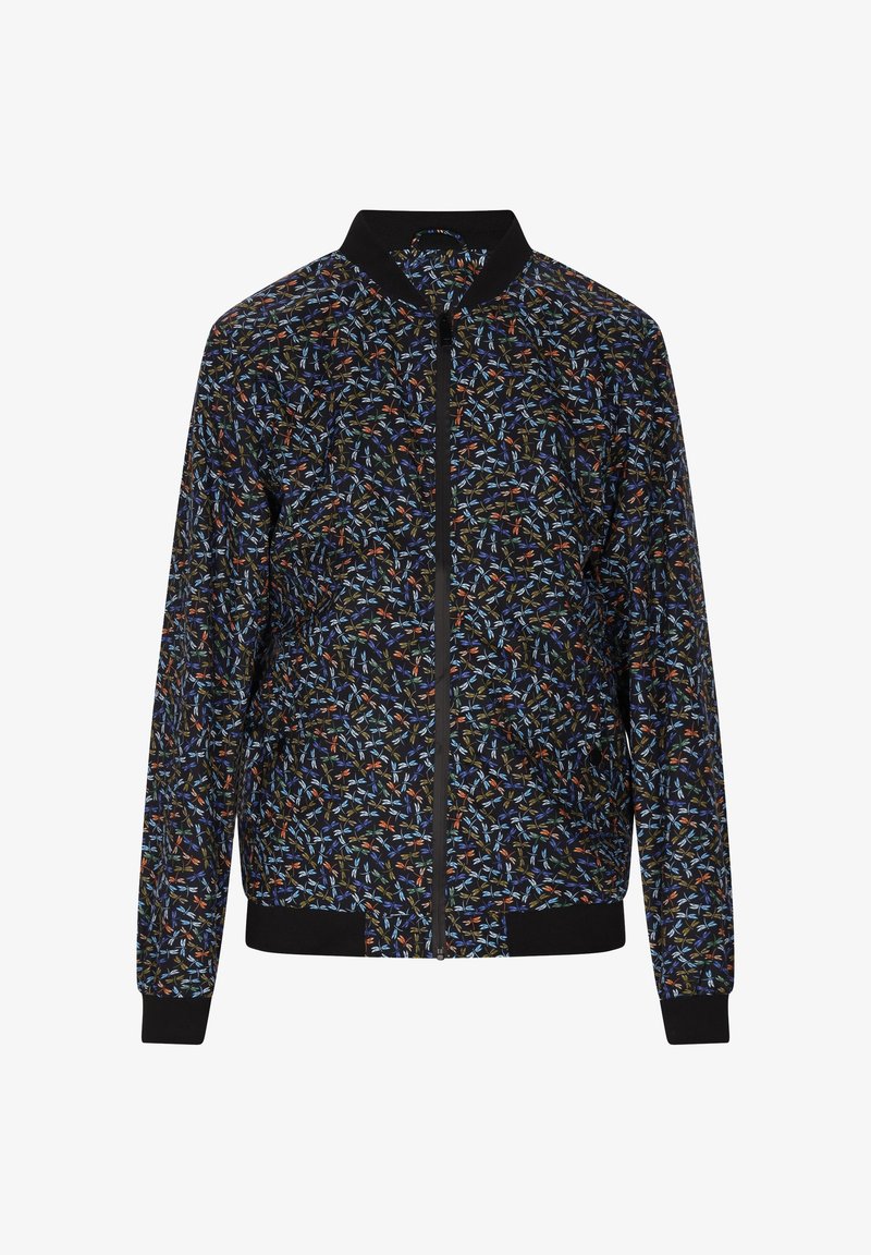 Bomberjack gemaakt van lichte stof, met een zwarte achtergrond en een kleurrijk bladerenpatroon, elastische manchetten en een ritssluiting aan de voorkant.