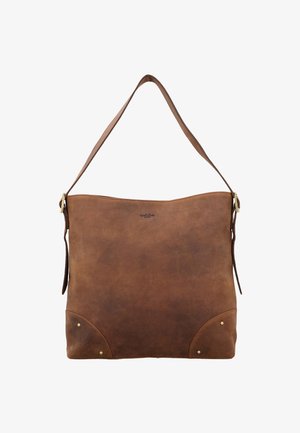 Pruun nahast õlavarre kott sujuva tekstuuriga, laia keha, ümarate nurkade ja külgedel kuldse tooni riistvaraga.