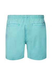 Shorts de bain turquoise clair en tissu lisse, dotés d'une taille élastique et de deux poches arrière avec ouvertures horizontales.