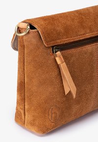 Braune Wildleder-Handtasche in rechteckiger Form mit einem Lederreißverschluss, Fronttasche und einem Metallring an der Seite.