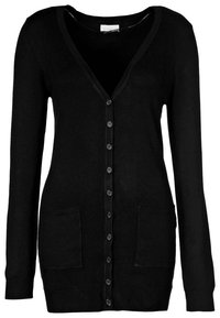 Black cardigan made of soft fabric, featuring a V-neck, front buttons, and two front pockets. Slim fit with long sleeves and ribbed cuffs.