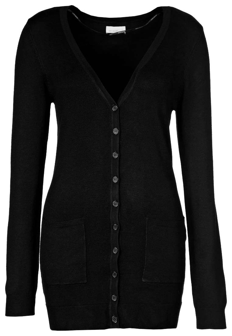 Black cardigan made of soft fabric, featuring a V-neck, front buttons, and two front pockets. Slim fit with long sleeves and ribbed cuffs.