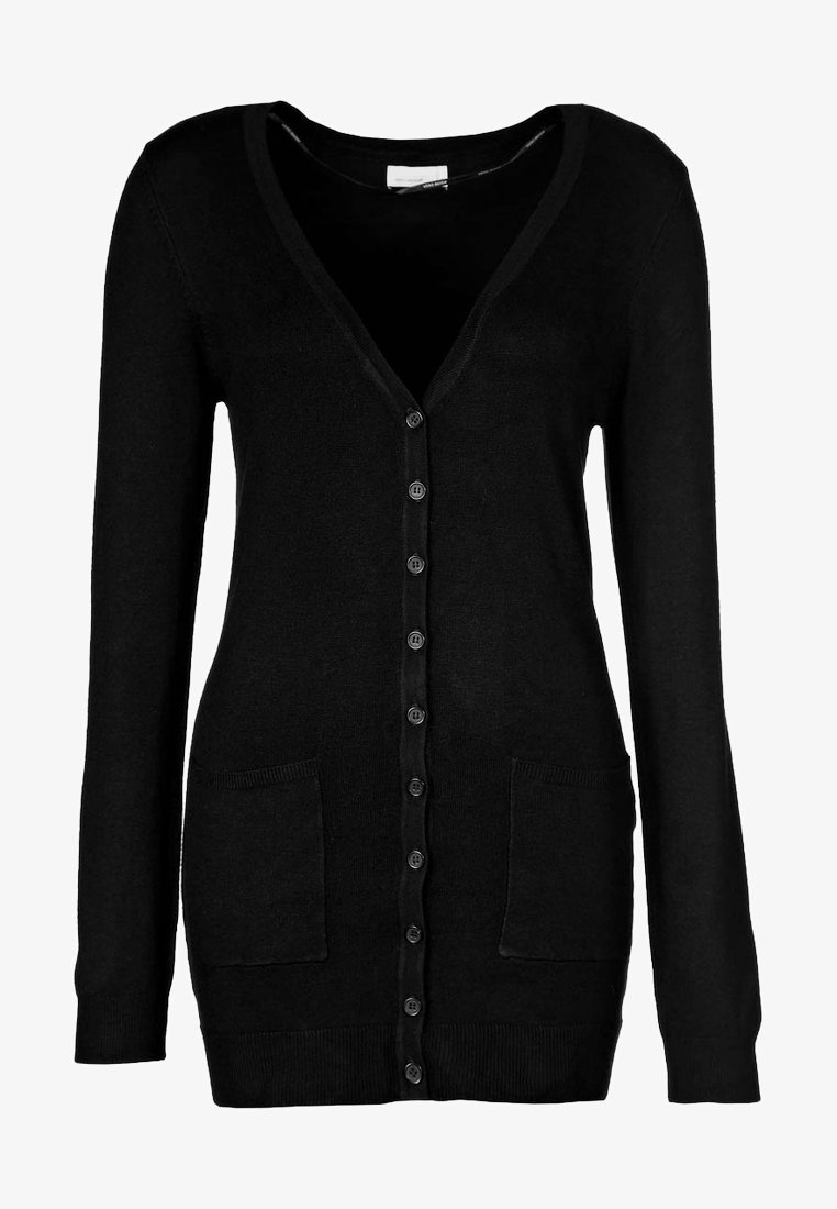 Black cardigan made of soft fabric, featuring a V-neck, front buttons, and two front pockets. Slim fit with long sleeves and ribbed cuffs.