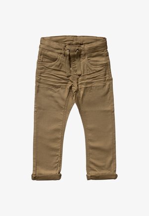 Pantalon en coton kaki au design ajusté, doté d'une taille à cordon, de cinq poches et d'ourlets retroussés. Texture douce avec des détails de couture subtils.