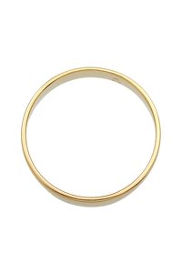 Gold-tone bangle bracelet, smooth surface, circular design, thin profile, uniform thickness with no embellishments or patterns.