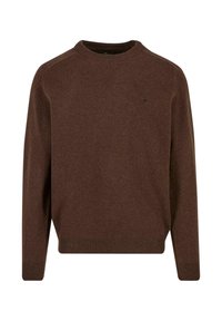 Brauner Strickpullover mit Rundhalsausschnitt, langen Ärmeln sowie gerippten Bündchen und Saum. Verfügt über ein kleines Logo auf der Brust. Weiche Textur.