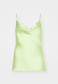 Cowl-Neck-Camisole aus leichtem Limettengrün-Satin, mit dünnen, verstellbaren Trägern und lockerem Schnitt, glatter Textur mit subtiler Satin-Optik.