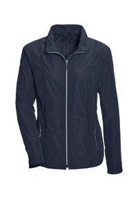 Marineblauer Windbreaker-Jacke mit Reißverschluss, zwei Seitentaschen und gestepptem Textil. Hat einen Stehkragen und elastische Bündchen.