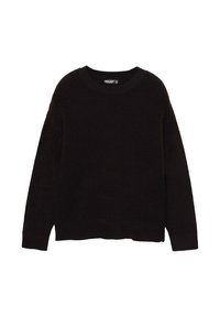 Crna pletena gama s okruglim izrezom, spuštenim ramenima i opuštenim krojem. Mekana tekstura i rebrasti detalji na manžetama i donjem rubu.