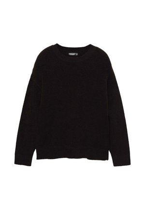 Crna pletena gama s okruglim izrezom, spuštenim ramenima i opuštenim krojem. Mekana tekstura i rebrasti detalji na manžetama i donjem rubu.