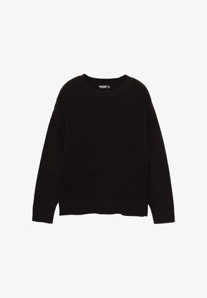 Pull en tricot noir avec un col rond, des épaules tombantes et une coupe décontractée. Texture douce et détails côtelés aux poignets et à l'ourlet.