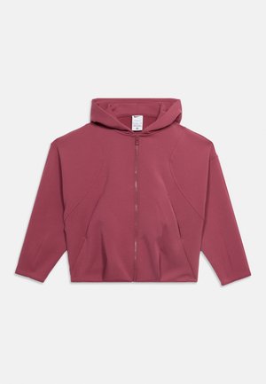 Sweat à capuche intégral zippé de couleur rose pâle, manches longues et poches latérales, posé à plat sur fond blanc.