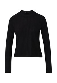 Czarny prążkowany sweter z długimi rękawami, z wysokim kołnierzem i dopasowanym krojem. Wykonany z teksturowanej dzianiny z delikatnymi pionowymi paskami.