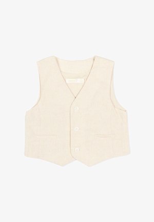 Veste sans manches beige avec trois boutons blancs à l'avant et deux petites poches frontales, en tissu doux.