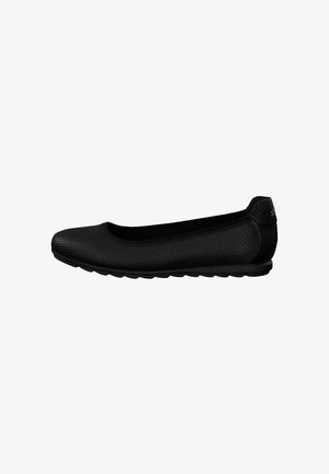 Schwarze Ballerinas mit einem perforierten Obermaterial, runder Spitze und leicht erhöhtem Absatz. Subtile strukturierte Akzente an der Ferse.