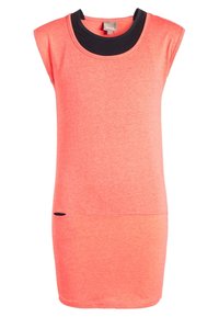 Sukienka z krótkim rękawem w jasnym koralowym kolorze z czarnym, okrągłym dekoltem. Miękka tkanina, luźny krój i mała kieszonka z boku.