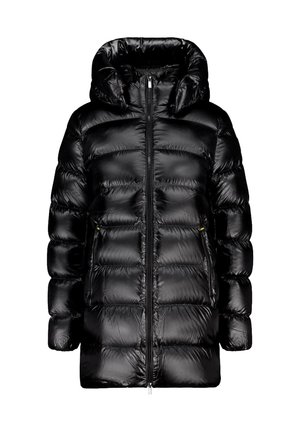 Zwarte donsjas met een hoge kraag, met een doorgestikt ontwerp, ritssluiting aan de voorkant en twee zijzakken. Gladde, glanzende stof.