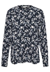 Marinblus med lös passform, långa ärmar, rund halsringning och ett blommönster i vitt och ljusblått. Strukturerad tyg med knappdetaljer.