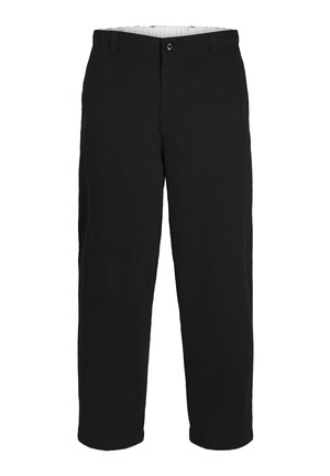Pantalon noir à jambes droites avec fermeture par bouton et zip, passants pour ceinture et une ceinture intérieure unie.
