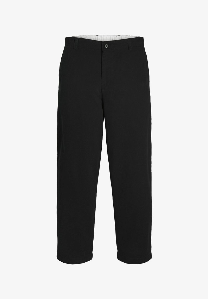 Pantalon noir à jambes droites avec fermeture par bouton et zip, passants pour ceinture et une ceinture intérieure unie.