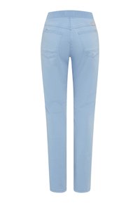 Lichtblauwe rechte broek van katoenmix. Heeft een tailleband, twee achterzakken en subtiele stikdetails.