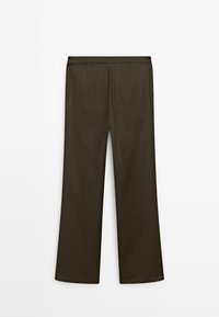 Pantalon droit marron foncé avec un devant plat et une taille élastique, présenté sur fond blanc.