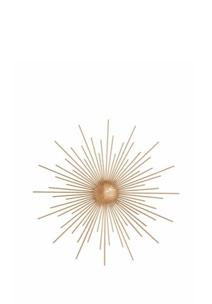 Dekorative Gold-Metall-Sonnenstrahl-Wandkunst mit ausstrahlenden dünnen Stäben, die von einer zentralen runden Basis ausgehen.