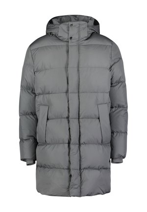 Graue Pufferjacke mit Kapuze, präsentiert sich in einem gesteppten Design, zwei Fronttaschen und einer strukturierten Oberfläche. Lang geschnitten mit einem lockeren Fit.