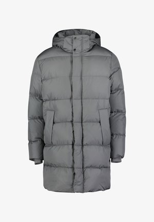 Grijze pufferjack met een capuchon, voorzien van een gestikte patroon, twee voorzakken en een gestructureerde afwerking. Volledige lengte met een ontspannen pasvorm.