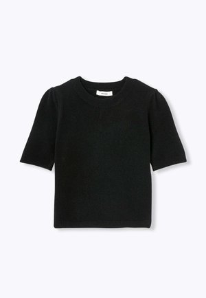 Pull noir à manches courtes avec un col rond. Tissu tricoté doux et manches légèrement bouffantes. Design simple sans motifs ni accents.