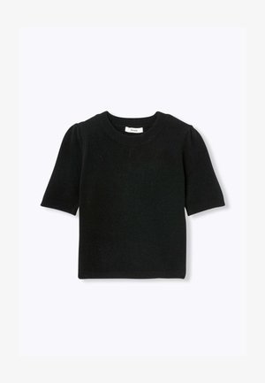 Pull noir à manches courtes avec un col rond. Tissu tricoté doux et manches légèrement bouffantes. Design simple sans motifs ni accents.
