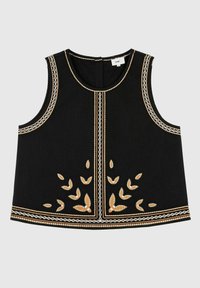 Top sans manches noir avec des motifs de feuilles brodés en or et en blanc, présentant une bordure décorative le long de l'encolure et des bords.