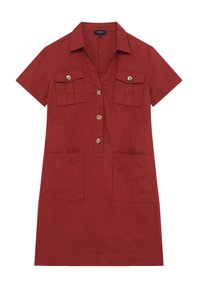 Rotes Leinenkleid mit Kragen, kurzen Ärmeln, Knopfverschluss vorne, zwei Brusttaschen und zwei aufgesetzten Taschen.